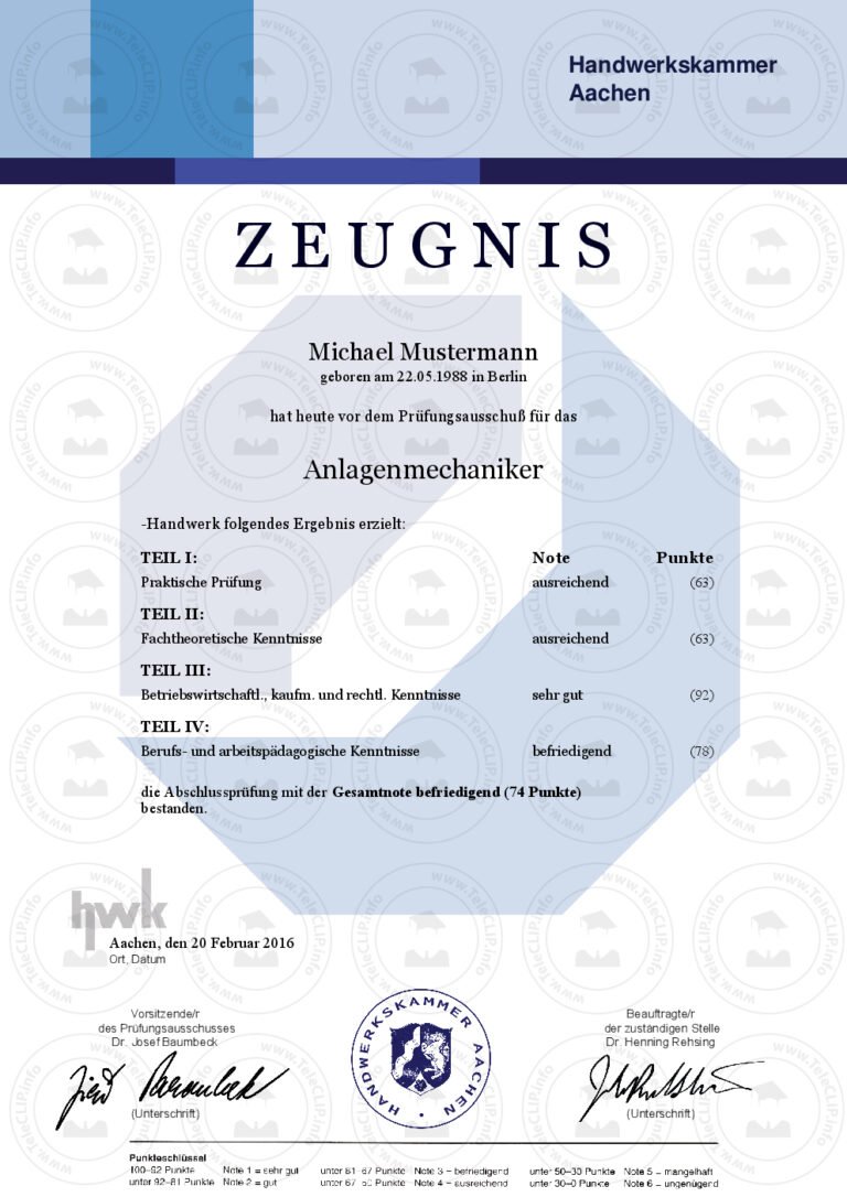 Professionelle HWK Zeugnis​